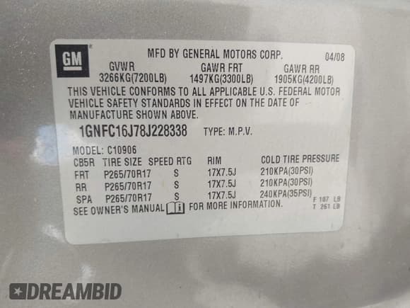 ✅ 2008 Chevrolet Suburban 3LT • VIN: 1GNFC16J78J228338 • Lot: 42241903. Listed on IAAI with 179,251 mi. Free auction sales archive from the USA and detailed vehicle history report at DreamBid. Image 9.