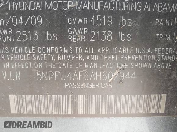 2010 Hyundai Sonata Limited z VIN 5NPEU4AF6AH602944, wystawiony jako IAAI lot #43566504 z przebiegiem 198 596 mil mil oraz . Historia ofert i sprzedaży dostępna na DreamBid. Obrazek 9.