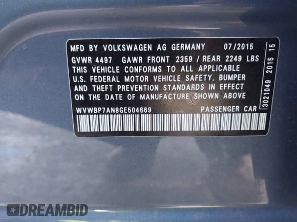 ✅ 2016 Volkswagen CC Sport • VIN: WVWBP7AN8GE504669 • Lot: 43660452. Listed on IAAI with 118,992 mi. Free auction sales archive from the USA and detailed vehicle history report at DreamBid. Image 9.