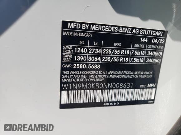 ✅ 2022 Mercedes-Benz EQB 300 • VIN: W1N9M0KB0NN008631 • Lot: 80546314. Wystawiony na Copart z przebiegiem 2 701 mil. Bezpłatny archiwum sprzedaży aukcyjnych z USA i szczegółowy raport historii pojazdu na DreamBid. Zdjęcie 12.