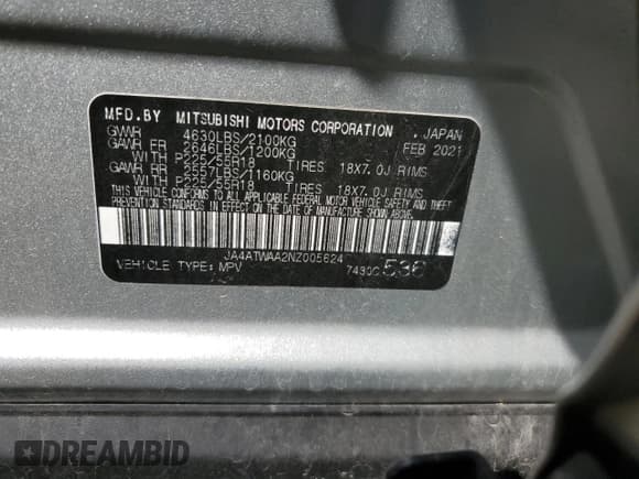 ✅ 2022 Mitsubishi Eclipse Cross SE • VIN: JA4ATWAA2NZ005624 • Lot: 51975905. Listed on Copart with 74,175 mi. Free auction sales archive from the USA and detailed vehicle history report at DreamBid. Image 13.