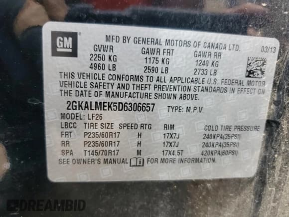 ✅ 2013 GMC Terrain SLE • VIN: 2GKALMEK5D6306657 • Lot: 61170845. Listed on Copart with 177,873 mi. Free auction sales archive from the USA and detailed vehicle history report at DreamBid. Image 13.