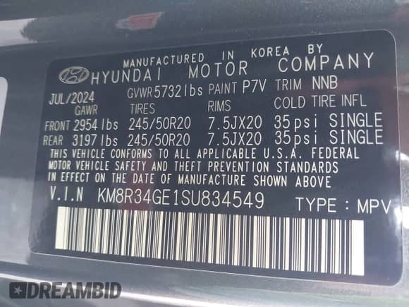 2025 Hyundai Palisade XRT with VIN KM8R34GE1SU834549, listed as a IAAI auction lot 43165313 with 11,080 mi miles and . Bid and sale history available at DreamBid. Image 9.