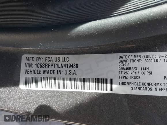 2020 Ram 1500 Limited z VIN 1C6SRFPT1LN419488, wystawiony jako IAAI lot #41847838 z przebiegiem 39 836 mil mil oraz . Historia ofert i sprzedaży dostępna na DreamBid. Obrazek 9.