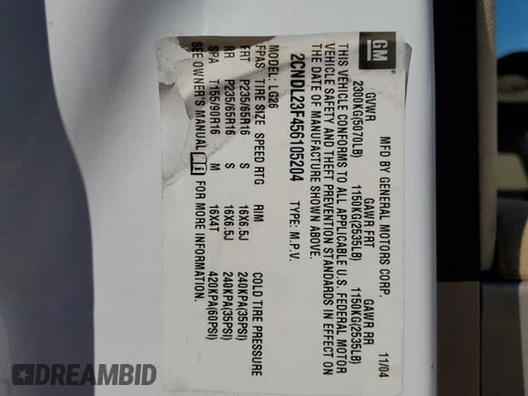 ✅ 2005 Chevrolet Equinox LS • VIN: 2CNDL23F456105204 • Lot: 42511915. Wystawiony na Copart z przebiegiem 208 089 mil. Bezpłatny archiwum sprzedaży aukcyjnych z USA i szczegółowy raport historii pojazdu na DreamBid. Zdjęcie 12.