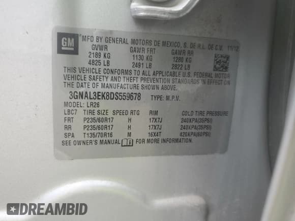 ✅ 2013 Chevrolet Captiva Sport LT • VIN: 3GNAL3EK8DS559678 • Lot: 56296245. Wystawiony na Copart z przebiegiem 205 566 mil. Bezpłatny archiwum sprzedaży aukcyjnych z USA i szczegółowy raport historii pojazdu na DreamBid. Zdjęcie 12.