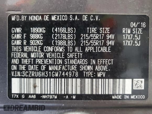 ✅ 2016 Honda HR-V LX • VIN: 3CZRU6H31GM744978 • Lot: 90061395. Listed on Copart with 104,958 mi. Free auction sales archive from the USA and detailed vehicle history report at DreamBid. Image 13.