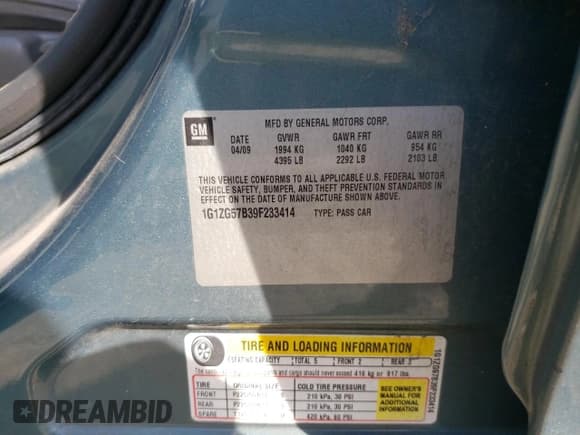 ✅ 2009 Chevrolet Malibu 1LS • VIN: 1G1ZG57B39F233414 • Lot: 77423764. Listed on Copart with 164,099 mi. Free auction sales archive from the USA and detailed vehicle history report at DreamBid. Image 12.