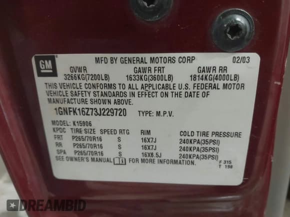 ✅ 2003 Chevrolet Suburban LS • VIN: 1GNFK16Z73J229720 • Lot: 43758831. Listed on IAAI with 184,079 mi. Free auction sales archive from the USA and detailed vehicle history report at DreamBid. Image 9.