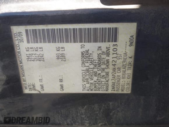 ✅ 2010 Nissan Altima S • VIN: 1N4AL2AP2AN421103 • Лот: 41428597. Опубликован ранее на IAAI с пробегом 78 569 миль. Бесплатный доступ к архиву аукционных продаж из США и подробный отчёт об истории автомобиля на DreamBid. Изображение 9.