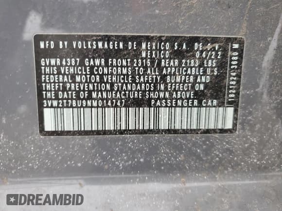 ✅ 2022 Volkswagen Jetta Autobahn • VIN: 3VW2T7BU9NM014747 • Lot: 44771645. Listed on Copart with 29,701 mi. Free auction sales archive from the USA and detailed vehicle history report at DreamBid. Image 12.