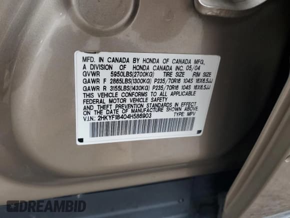 ✅ 2004 Honda Pilot EX • VIN: 2HKYF18404H586903 • Lot: 91769125. Listed on Copart with 178,711 mi. Free auction sales archive from the USA and detailed vehicle history report at DreamBid. Image 13.