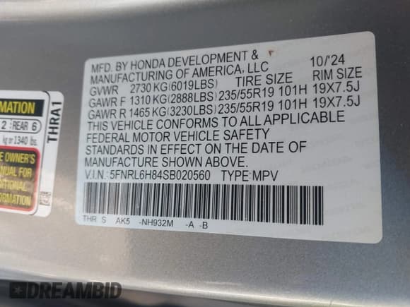 ✅ 2025 Honda Odyssey Touring • VIN: 5FNRL6H84SB020560 • Lot: 43591040. Listed on IAAI with 5,281 mi. Free auction sales archive from the USA and detailed vehicle history report at DreamBid. Image 9.