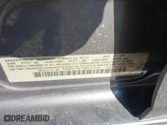 ✅ 2008 Volkswagen Jetta SE • VIN: 3VWRZ71K18M177300 • Lot: 43125163. Listed on IAAI with 183,666 mi. Free auction sales archive from the USA and detailed vehicle history report at DreamBid. Image 9.