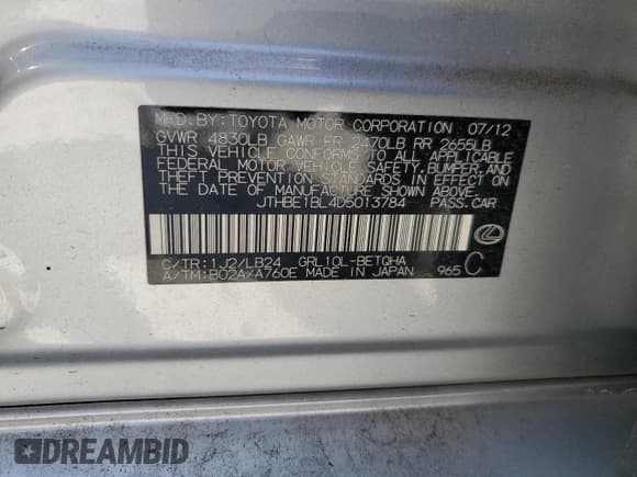 ✅ 2013 Lexus GS 350 • VIN: JTHBE1BL4D5013784 • Lot: 71198385. Listed on Copart with 40,963 mi. Free auction sales archive from the USA and detailed vehicle history report at DreamBid. Image 12.