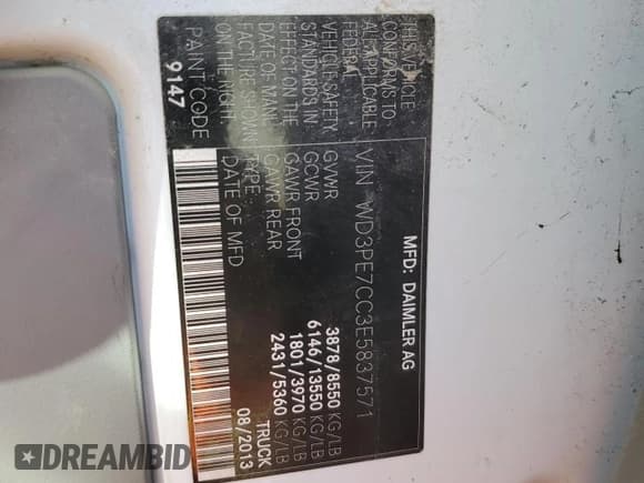 ✅ 2014 Mercedes-Benz Sprinter Cargo • VIN: WD3PE7CC3E5837571 • Lot: 59307035. Wystawiony na Copart z przebiegiem 179 930 mil. Bezpłatny archiwum sprzedaży aukcyjnych z USA i szczegółowy raport historii pojazdu na DreamBid. Zdjęcie 13.