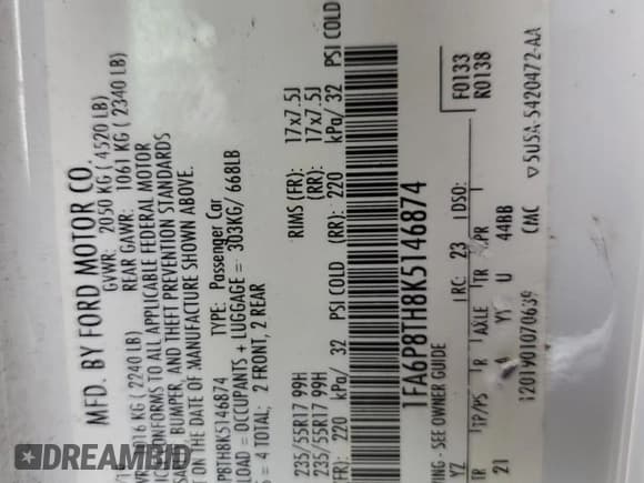 ✅ 2019 Ford Mustang EcoBoost Premium • VIN: 1FA6P8TH8K5146874 • Lot: 71053465. Wystawiony na Copart z przebiegiem 80 204 mil. Bezpłatny archiwum sprzedaży aukcyjnych z USA i szczegółowy raport historii pojazdu na DreamBid. Zdjęcie 13.