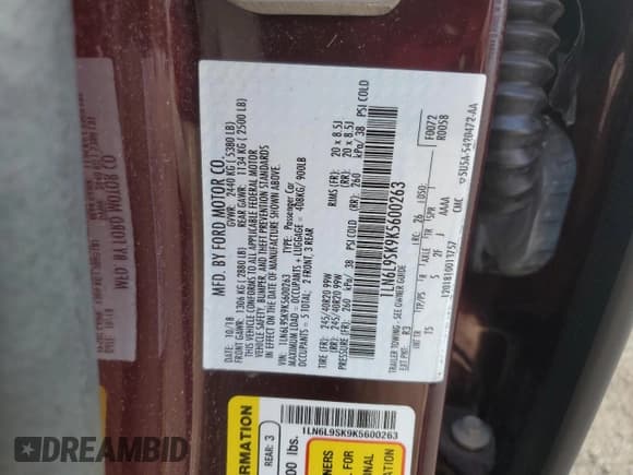 ✅ 2019 Lincoln Continental Select • VIN: 1LN6L9SK9K5600263 • Lot: 70660115. Listed on Copart with 53,160 mi. Free auction sales archive from the USA and detailed vehicle history report at DreamBid. Image 12.