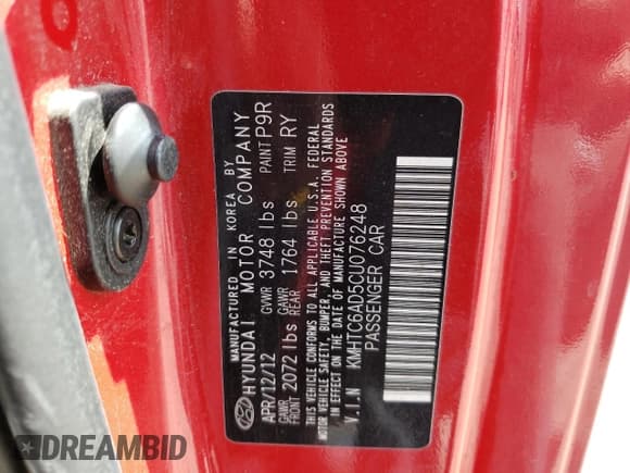 ✅ 2012 Hyundai Veloster w/Red Int • VIN: KMHTC6AD5CU076248 • Lot: 57620223. Wystawiony na Copart z przebiegiem 95 902 mil. Bezpłatny archiwum sprzedaży aukcyjnych z USA i szczegółowy raport historii pojazdu na DreamBid. Zdjęcie 10.
