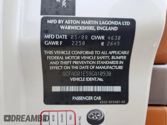 ✅ 2009 Aston Martin DB9 • VIN: SCFAD01E59GA10938 • Лот: 39463124. Опубликован ранее на Copart с пробегом 19 856 миль. Бесплатный доступ к архиву аукционных продаж из США и подробный отчёт об истории автомобиля на DreamBid. Изображение 13.