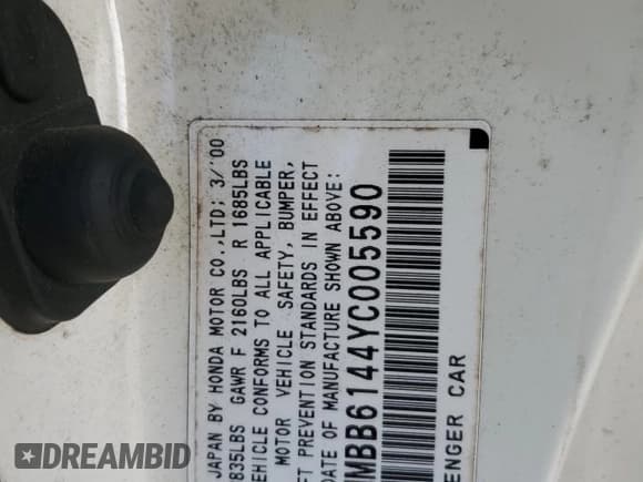 ✅ 2000 Honda Prelude • VIN: JHMBB6144YC005590 • Lot: 92881265. Listed on Copart with 194,702 mi. Free auction sales archive from the USA and detailed vehicle history report at DreamBid. Image 12.