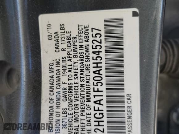 ✅ 2010 Honda Civic LX • VIN: 2HGFA1F50AH545257 • Lot: 85912065. Listed on Copart with 194,596 mi. Free auction sales archive from the USA and detailed vehicle history report at DreamBid. Image 12.