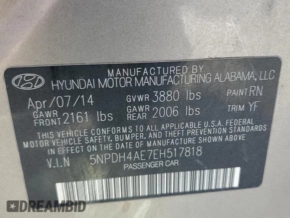 ✅ 2014 Hyundai Elantra SE • VIN: 5NPDH4AE7EH517818 • Lot: 82492855. Listed on Copart with 107,463 mi. Free auction sales archive from the USA and detailed vehicle history report at DreamBid. Image 13.