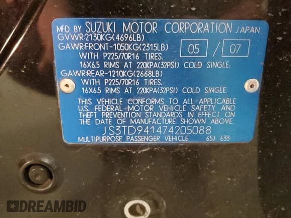 ✅ 2007 Suzuki Grand Vitara • VIN: JS3TD941474205088 • Lot: 55231965. Wystawiony na Copart z przebiegiem 164 494 mil. Bezpłatny archiwum sprzedaży aukcyjnych z USA i szczegółowy raport historii pojazdu na DreamBid. Zdjęcie 14.