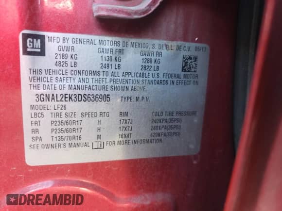 2013 Chevrolet Captiva Sport LS z VIN 3GNAL2EK3DS636905, wystawiony jako Copart lot #79141234 z przebiegiem 187 579 mil mil oraz Czysty tytuł • Clean title. Historia ofert i sprzedaży dostępna na DreamBid. Obrazek 13.