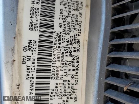 ✅ 1989 Toyota Supra • VIN: JT2MA70J8K0114002 • Lot: 78068714. Wystawiony na Copart z przebiegiem 196 448 mil. Bezpłatny archiwum sprzedaży aukcyjnych z USA i szczegółowy raport historii pojazdu na DreamBid. Zdjęcie 12.