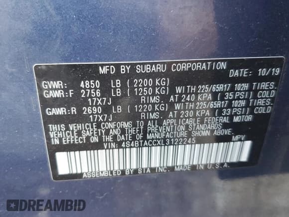 ✅ 2020 Subaru Outback Premium • VIN: 4S4BTACCXL3122245 • Lot: 86487715. Wystawiony na Copart z przebiegiem 81 364 mil. Bezpłatny archiwum sprzedaży aukcyjnych z USA i szczegółowy raport historii pojazdu na DreamBid. Zdjęcie 13.