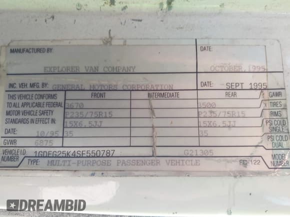 ✅ 1995 GMC Vandura • VIN: 1GDEG25K4SF550787 • Lot: 42929379. Listed on IAAI with 178,083 mi. Free auction sales archive from the USA and detailed vehicle history report at DreamBid. Image 9.