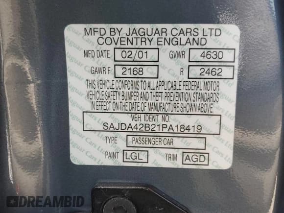 ✅ 2001 Jaguar XK • VIN: SAJDA42B21PA18419 • Lot: 63505655. Listed on Copart with 57,584 mi. Free auction sales archive from the USA and detailed vehicle history report at DreamBid. Image 12.