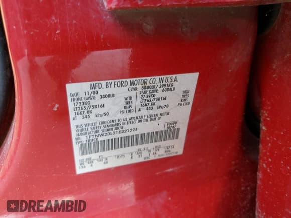 ✅ 2001 Ford F-250 XL • VIN: 1FTNW20L21EB21224 • Lot: 81508664. Listed on Copart with 167,027 mi. Free auction sales archive from the USA and detailed vehicle history report at DreamBid. Image 14.