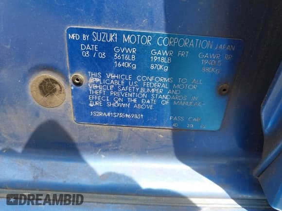 ✅ 2003 Suzuki Aerio S • VIN: JS2RA41S735169831 • Лот: 42025965. Опубликован ранее на IAAI с пробегом 214 238 миль. Бесплатный доступ к архиву аукционных продаж из США и подробный отчёт об истории автомобиля на DreamBid. Изображение 9.