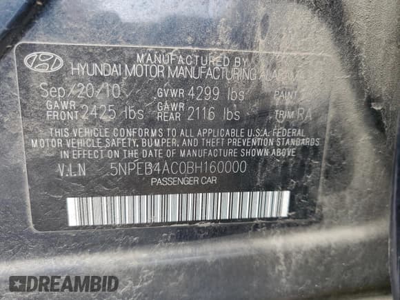 ✅ 2011 Hyundai Sonata GLS • VIN: 5NPEB4AC0BH160000 • Lot: 66288024. Listed on Copart with Not provided. Free auction sales archive from the USA and detailed vehicle history report at DreamBid. Image 12.