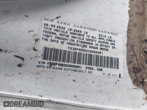 ✅ 1999 Saab 9-5 • VIN: YS3EF48E2X3092001 • Лот: 41568919. Опубликован ранее на IAAI с пробегом Не указан. Бесплатный доступ к архиву аукционных продаж из США и подробный отчёт об истории автомобиля на DreamBid. Изображение 9.