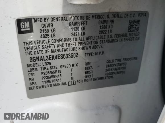 ✅ 2014 Chevrolet Captiva Sport LT • VIN: 3GNAL3EK4ES633602 • Лот: 49385645. Опубликован ранее на Copart с пробегом 116 469 миль. Бесплатный доступ к архиву аукционных продаж из США и подробный отчёт об истории автомобиля на DreamBid. Изображение 16.