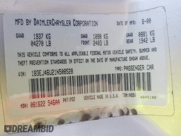 ✅ 2001 Dodge Stratus SE • VIN: 1B3EJ46U21N508528 • Lot: 42851096. Wystawiony na IAAI z przebiegiem 90 708 mil. Bezpłatny archiwum sprzedaży aukcyjnych z USA i szczegółowy raport historii pojazdu na DreamBid. Zdjęcie 9.