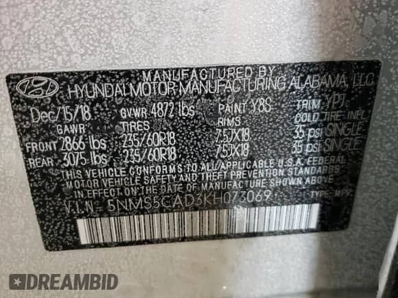 2019 Hyundai Santa Fe Ultimate z VIN 5NMS5CAD3KH073069, wystawiony jako Copart lot #72809582 z przebiegiem 35 051 mil mil oraz . Historia ofert i sprzedaży dostępna na DreamBid. Obrazek 13.