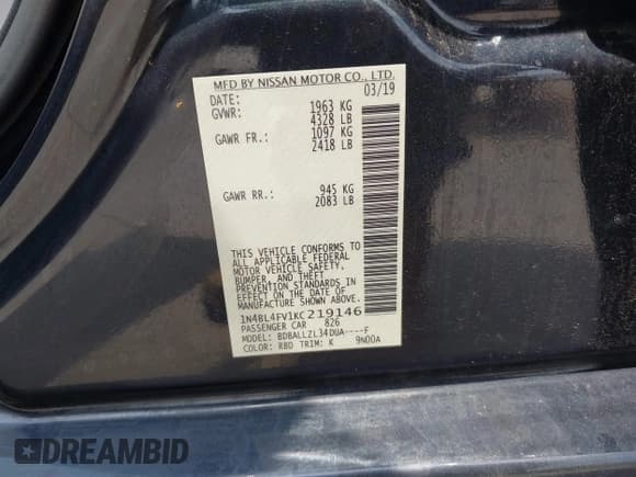 ✅ 2019 Nissan Altima Platinum • VIN: 1N4BL4FV1KC219146 • Lot: 42277383. Wystawiony na IAAI z przebiegiem 26 564 mil. Bezpłatny archiwum sprzedaży aukcyjnych z USA i szczegółowy raport historii pojazdu na DreamBid. Zdjęcie 9.