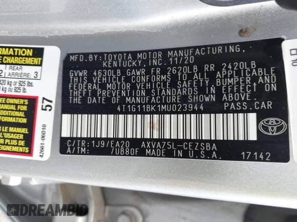 2021 Toyota Camry SE with VIN 4T1G11BK1MU023944, listed as a IAAI auction lot 43227699 with 79,174 mi miles and . Bid and sale history available at DreamBid. Image 9.