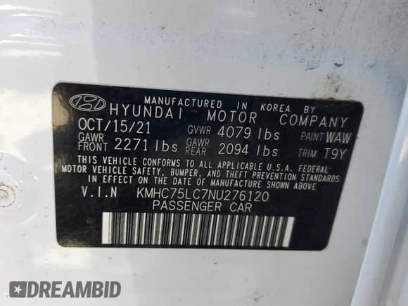 2022 Hyundai Ioniq SE с VIN KMHC75LC7NU276120, выставлен на аукционе Copart как лот 74528024 с пробегом 98 237 миль миль и Списание • Salvage title. История ставок и продаж доступна на DreamBid. Изображение 13.