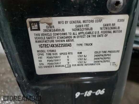 ✅ 2006 GMC Sierra 1500 Work Truck • VIN: 1GTEC14X36Z258043 • Lot: 91082445. Listed on Copart with 226,539 mi. Free auction sales archive from the USA and detailed vehicle history report at DreamBid. Image 13.