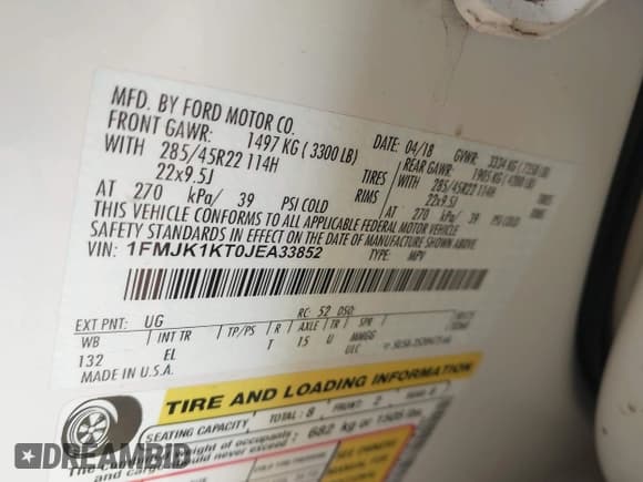 ✅ 2018 Ford Expedition Max Limited • VIN: 1FMJK1KT0JEA33852 • Lot: 43331961. Listed on IAAI with 52,793 mi. Free auction sales archive from the USA and detailed vehicle history report at DreamBid. Image 9.