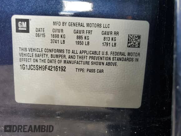 2015 Chevrolet Sonic LT с VIN 1G1JC5SH9F4216192, выставлен на аукционе Copart как лот 63706264 с пробегом Не указан миль и Списание • Salvage title. История ставок и продаж доступна на DreamBid. Изображение 13.