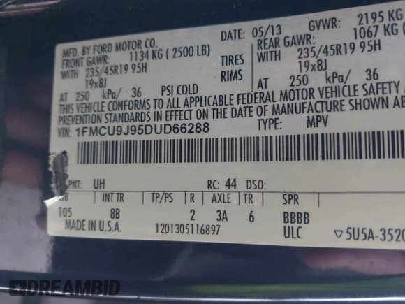 ✅ 2013 Ford Escape Titanium • VIN: 1FMCU9J95DUD66288 • Lot: 43886070. Listed on IAAI with 201,362 mi. Free auction sales archive from the USA and detailed vehicle history report at DreamBid. Image 9.