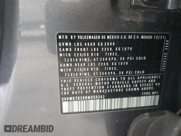 ✅ 2022 Volkswagen Taos SE • VIN: 3VVWX7B28NM050342 • Lot: 66549475. Listed on Copart with 24,835 mi. Free auction sales archive from the USA and detailed vehicle history report at DreamBid. Image 12.