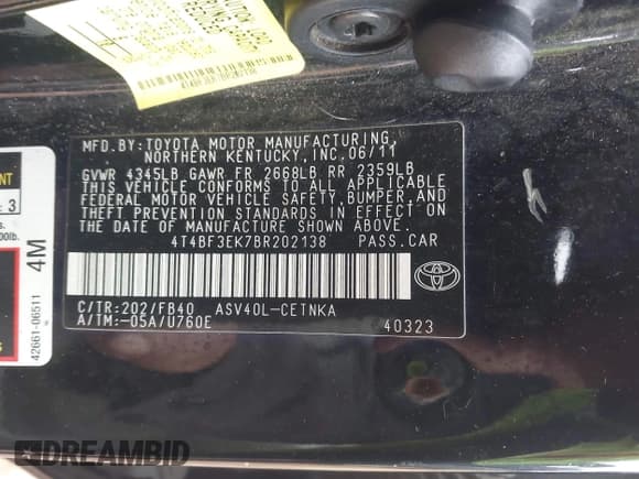 ✅ 2011 Toyota Camry LE • VIN: 4T4BF3EK7BR202138 • Lot: 43795507. Listed on IAAI with 205,837 mi. Free auction sales archive from the USA and detailed vehicle history report at DreamBid. Image 9.