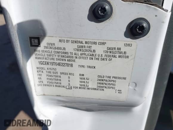 2004 Chevrolet Silverado 1500 with VIN 1GCEK19T64E227818, listed as a IAAI auction lot 41765874 with 326,514 mi miles and . Bid and sale history available at DreamBid. Image 9.